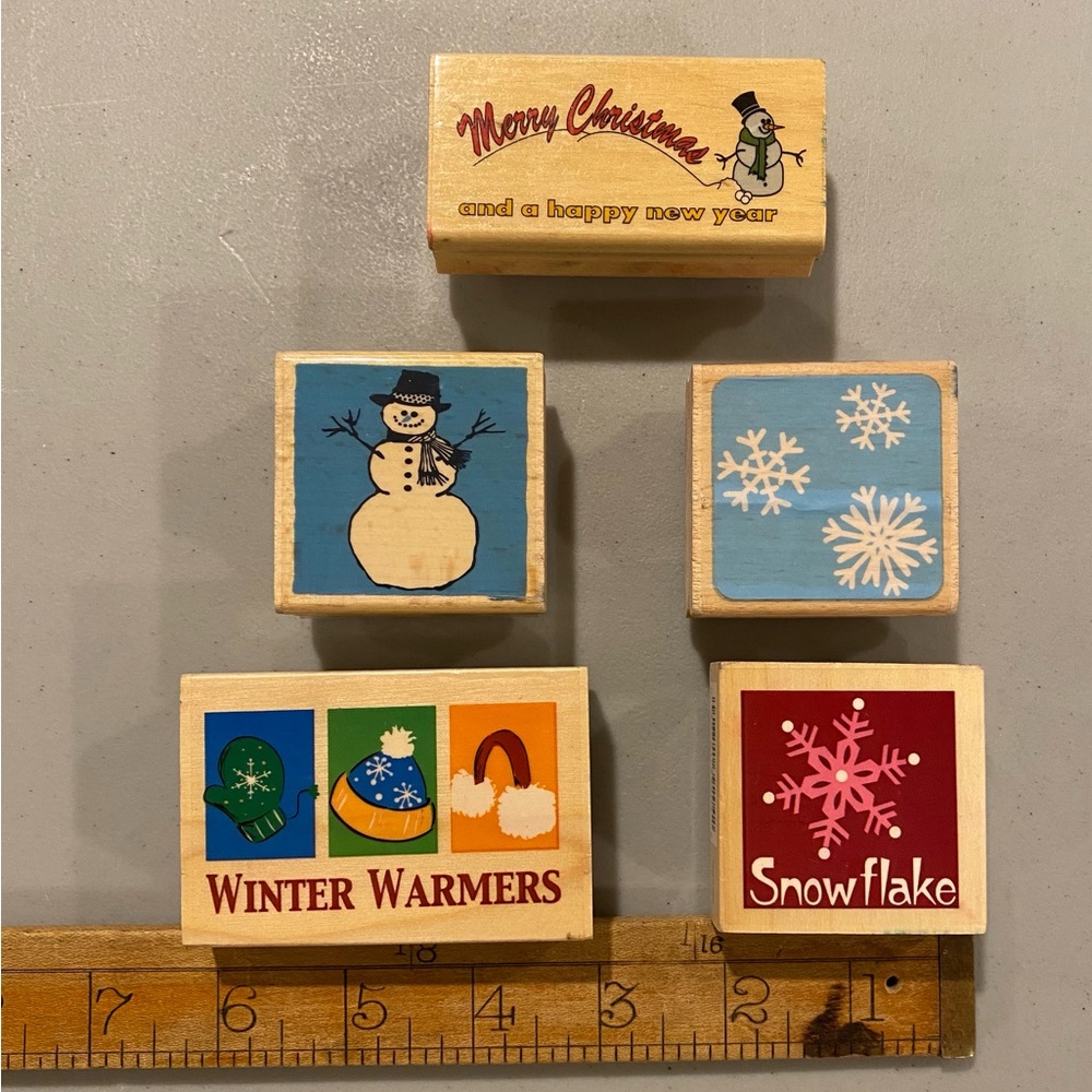 5 Christmas rubber stamps - winter, snowman, snowflake- handmade crafts